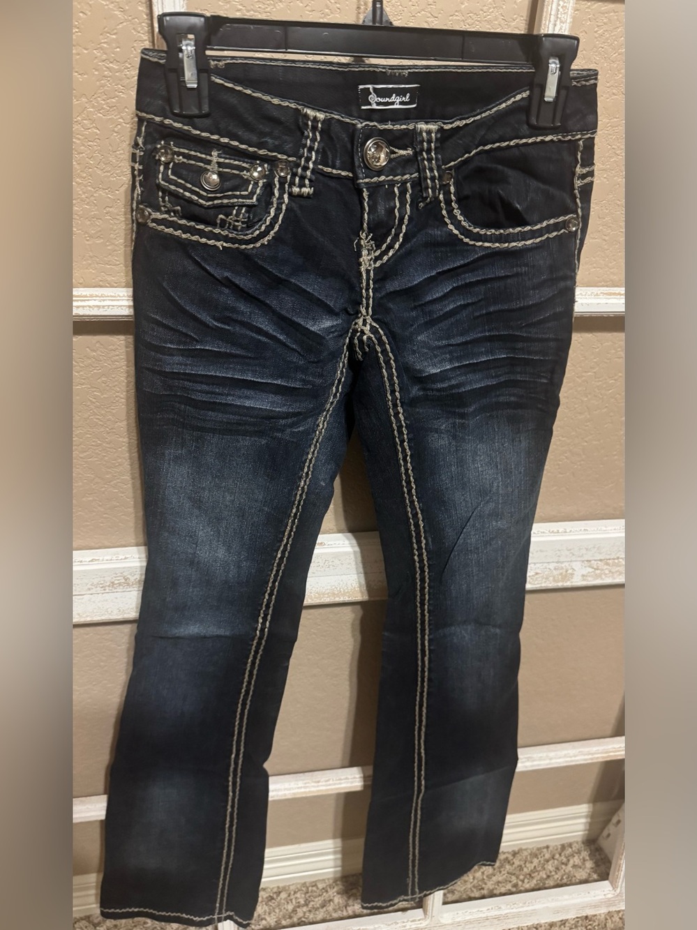 Vintage Soundgirl Dark Wash Bootcut Jeans w/Contrast Stitching; Sz 0